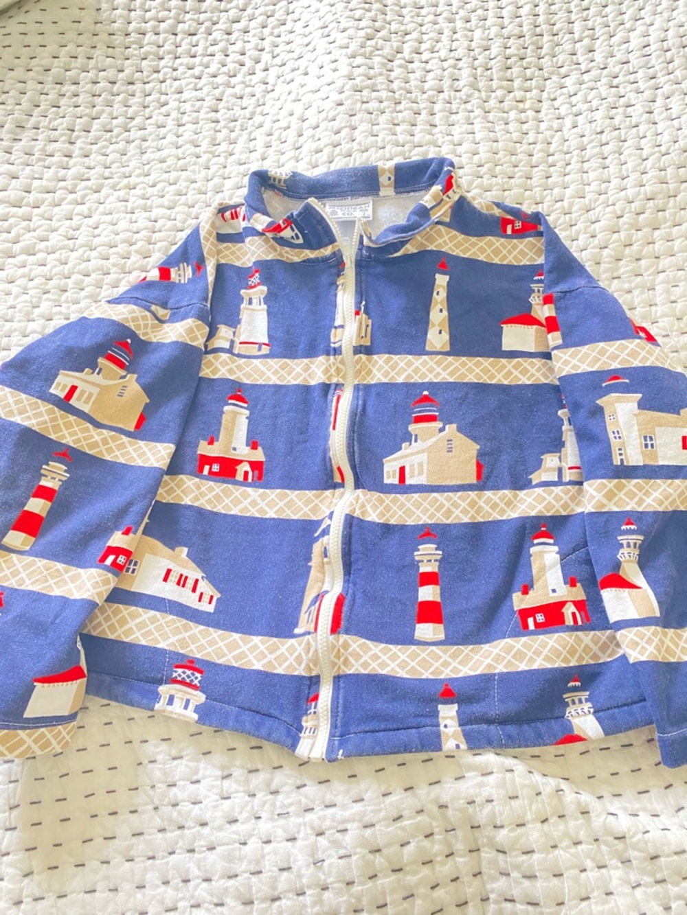 Nautical Lighthouse Print Zip-Up Hoodie - Blue & Red